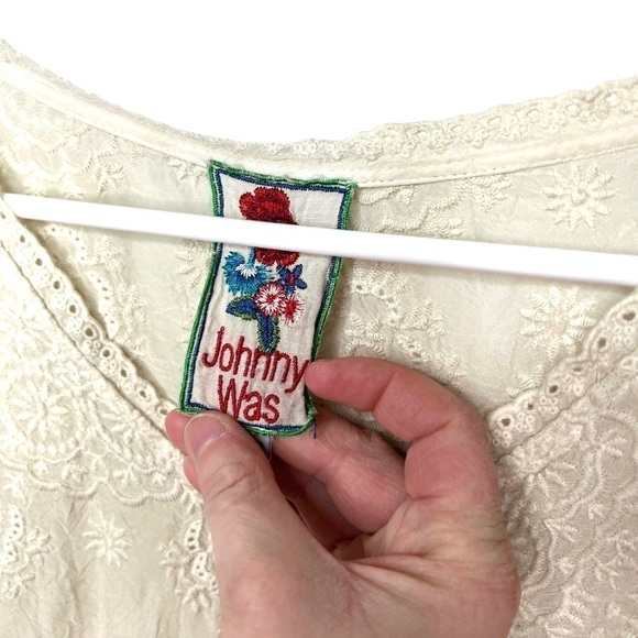 Johnny Was Boho Cream Ivory Lace Embroidered Eyelet Tunic 3/4 Sleeve Dress XS - Picture 9 of 15